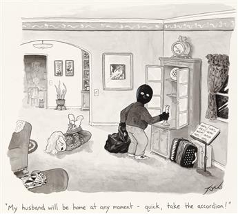 (THE NEW YORKER / CRIME / CARTOON.) TOM TORO. My husband will be home at any moment -- quick, take the accordion!